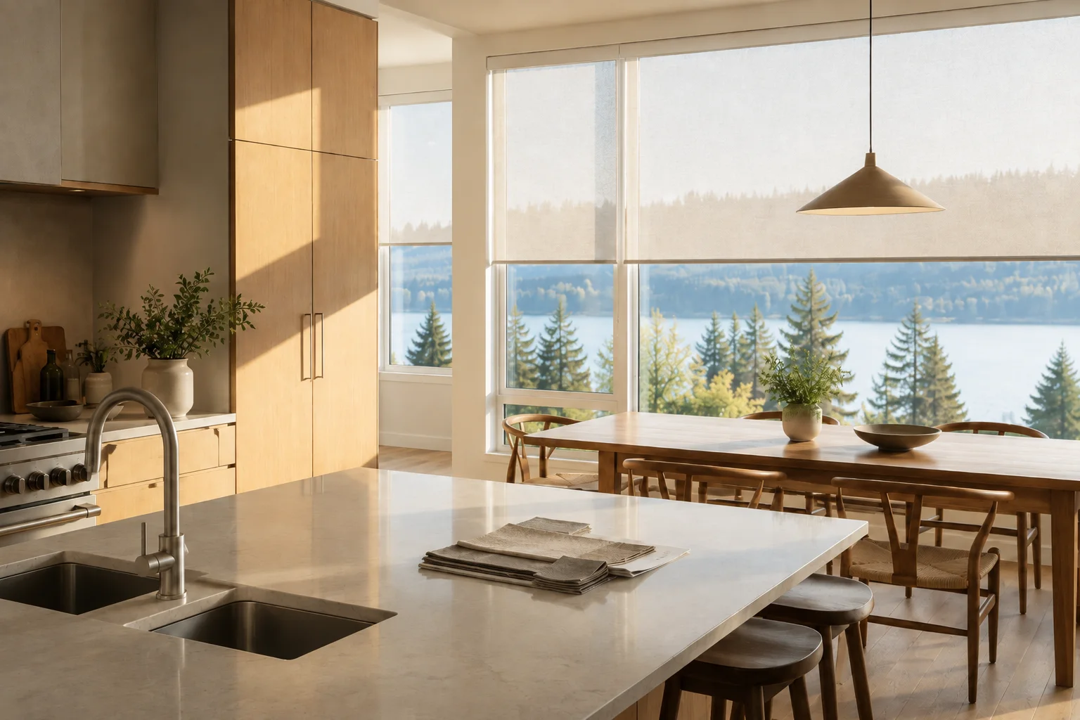 A bright kitchen and dining area with roller shades over large windows and a lake view