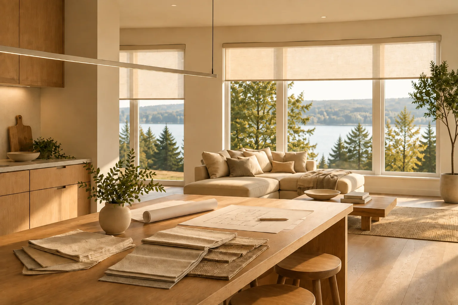 An open interior with fabric swatches and floor plans laid out on a table by large shaded windows