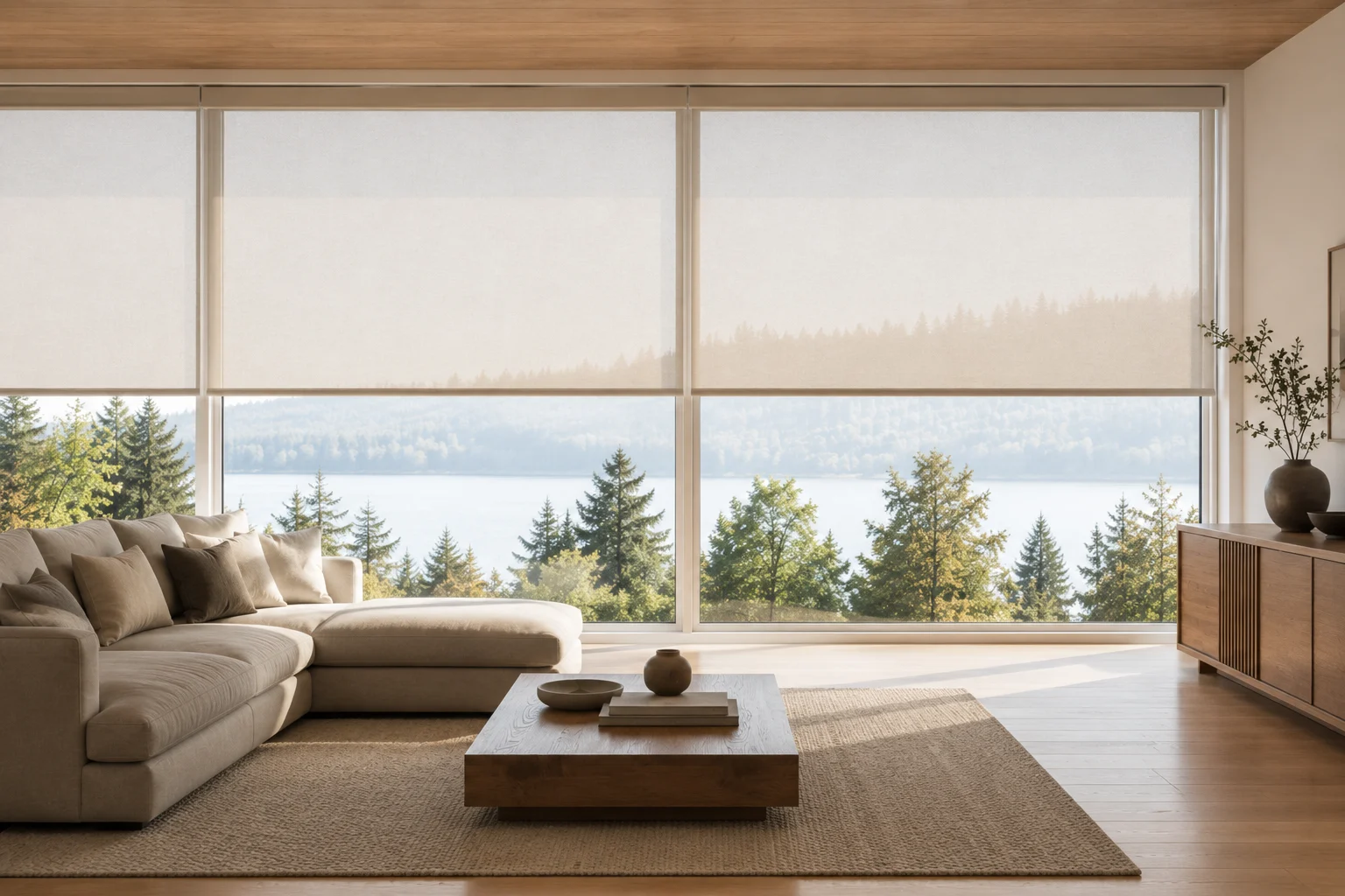 A warm living room with a wall of large windows softened by custom shades