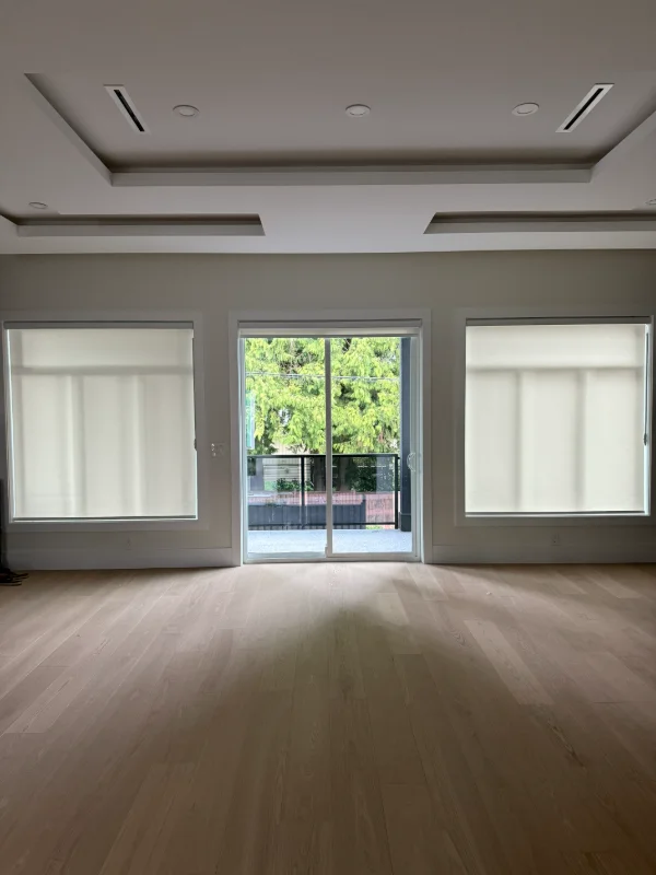 Two roller shades flanking a patio door in a large living room