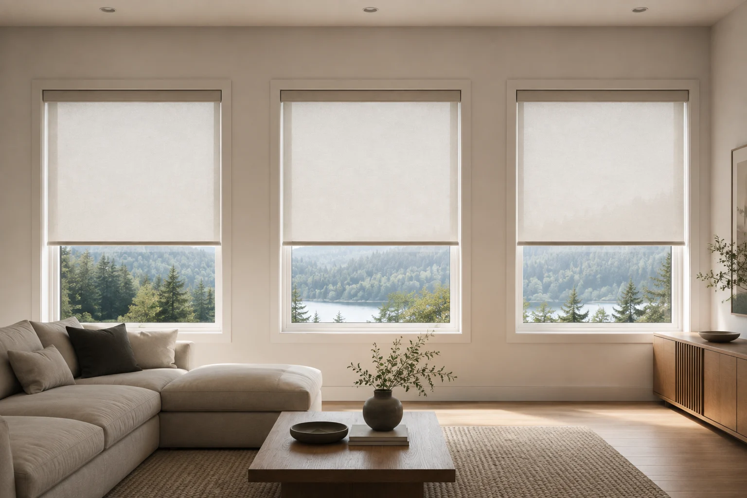 Three matching roller shades lowered to the same height